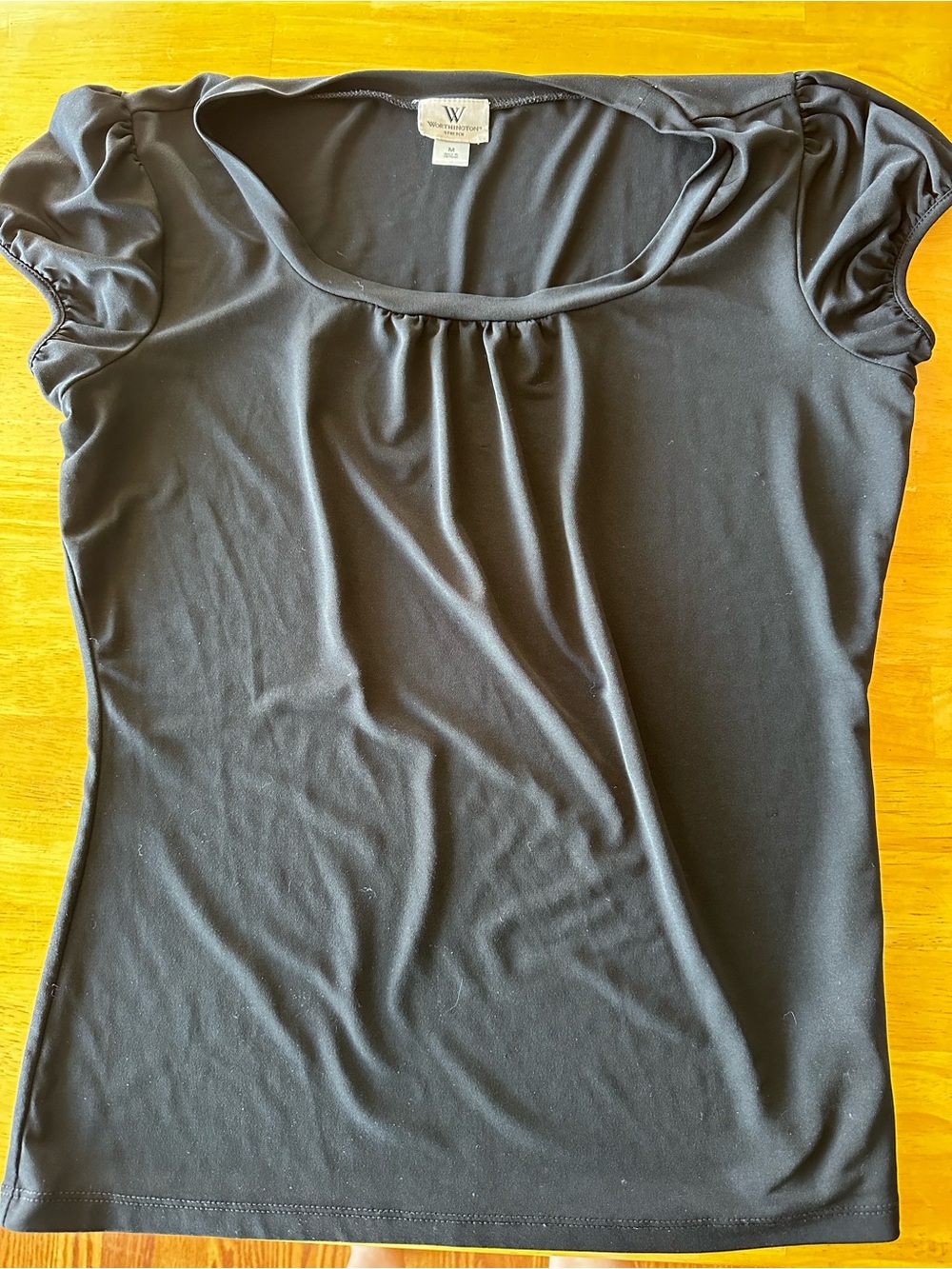Worthington Black Scoop Neck Short Sleeve Tee with Shirred Neckline